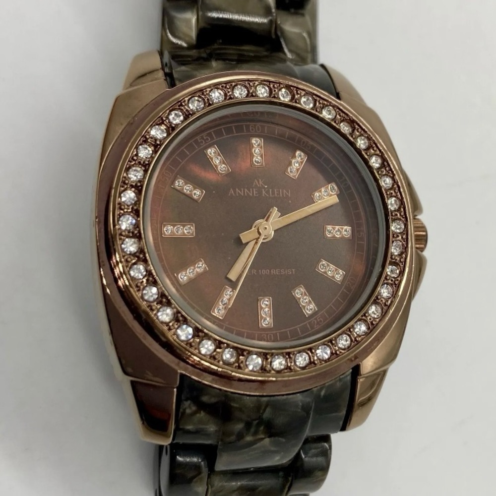 Anne Klein Bronze Tone Rhinestone Watch Tortoise Shell Band Water Resistant
